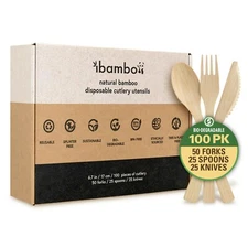 ibambo Bamboo Eco Camping Utensils 100 Pack 50 Forks 25 Spoons 25 Knives