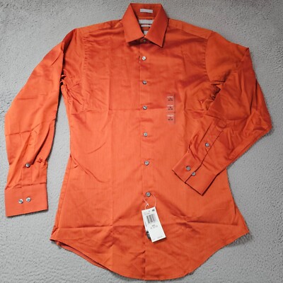 Van Heusen Dress Shirt Mens 15 32/33 Orange Fitted Stretch Traveler Button  Up | eBay
