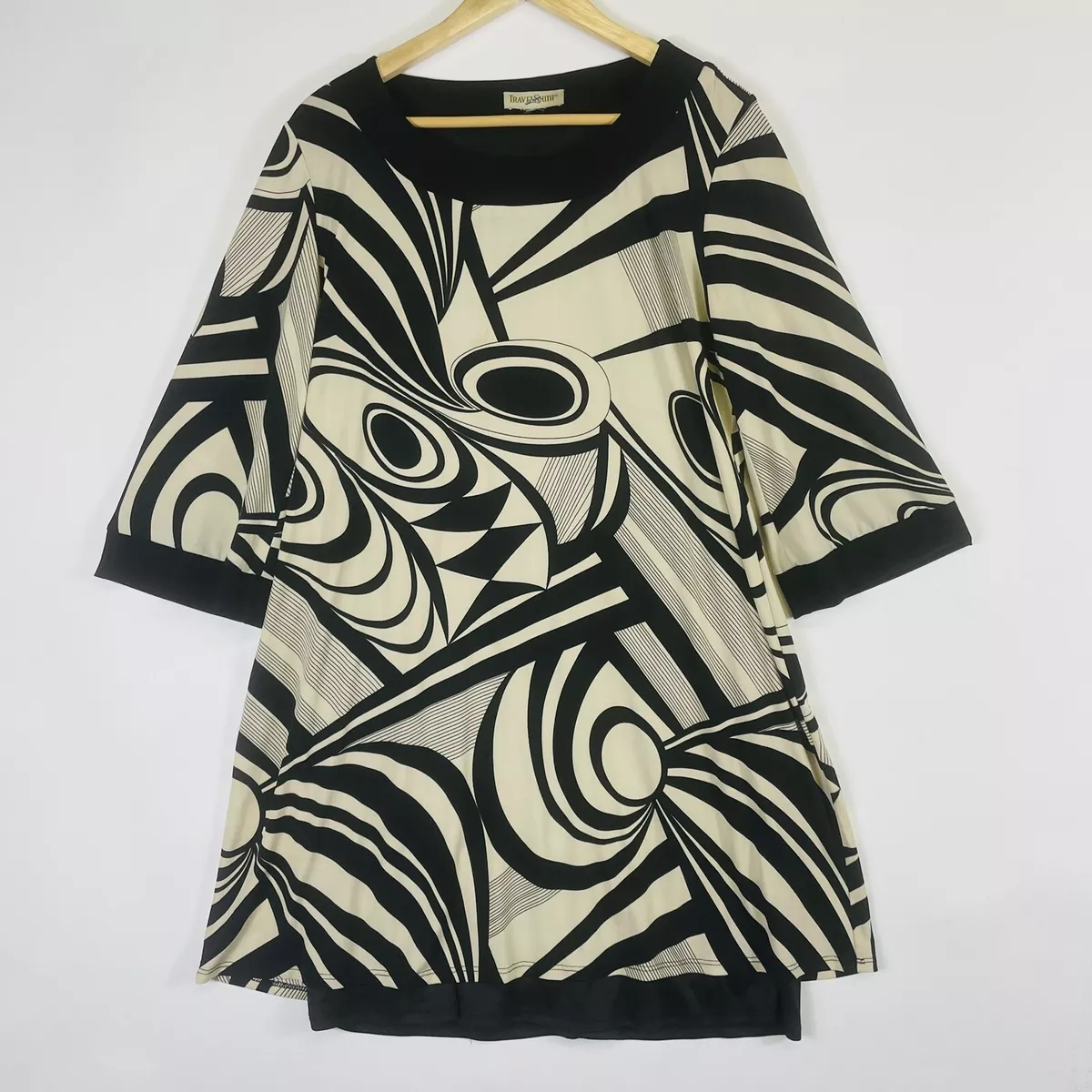 Travelsmith Beige Black Swirl Mod Stretchy Half Sleeve Dress Womens Sz Large