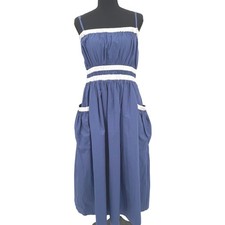 Aureum Dress Women M Blue Cotton Coastal Midi Pockets Stripe Nautical Summer