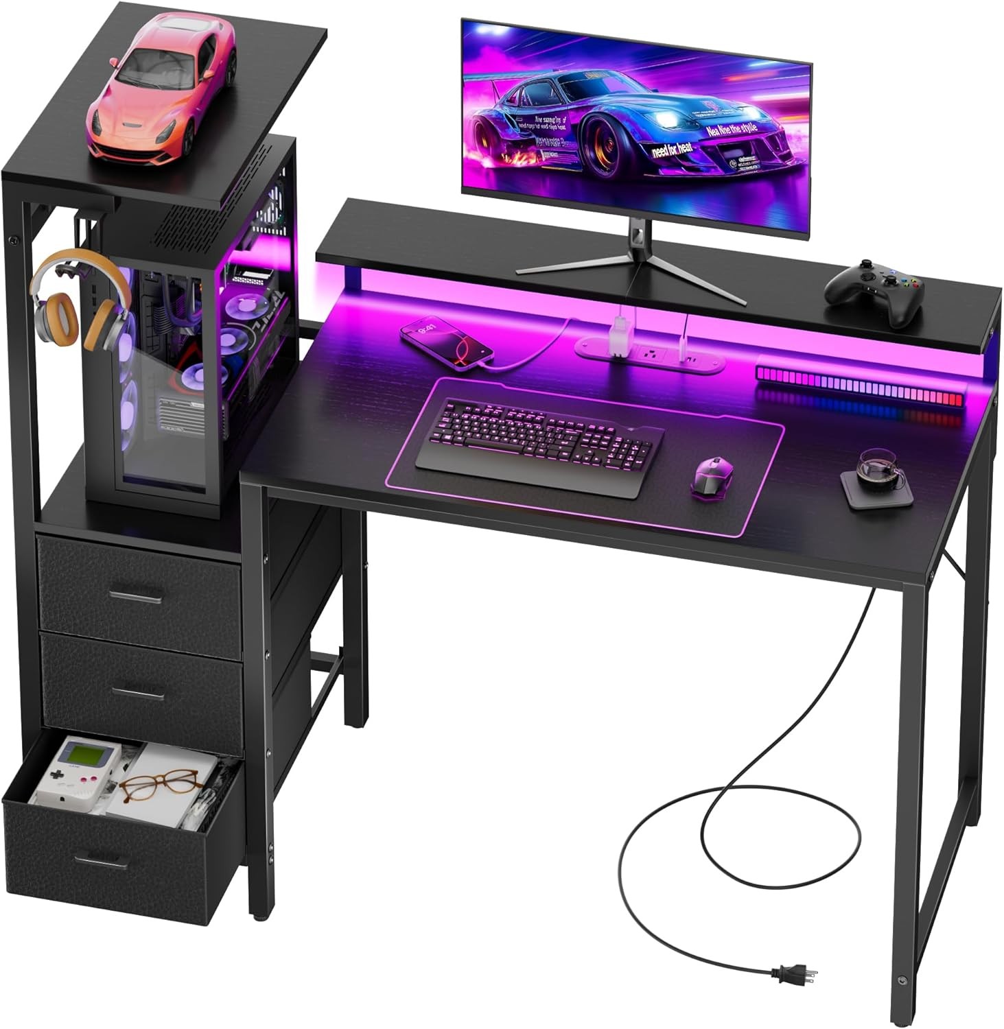 Gaming Computer  Desk with Led Lights & Outlets, Gamer Desk with 3 Drawers