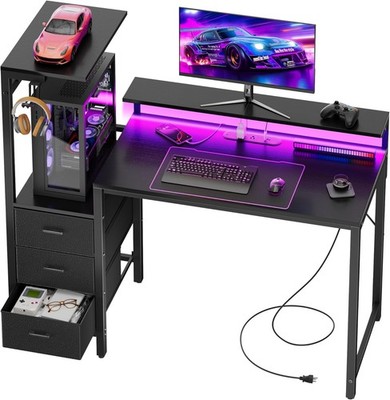 Gaming Computer  Desk with Led Lights & Outlets, Gamer Desk with 3 Drawers