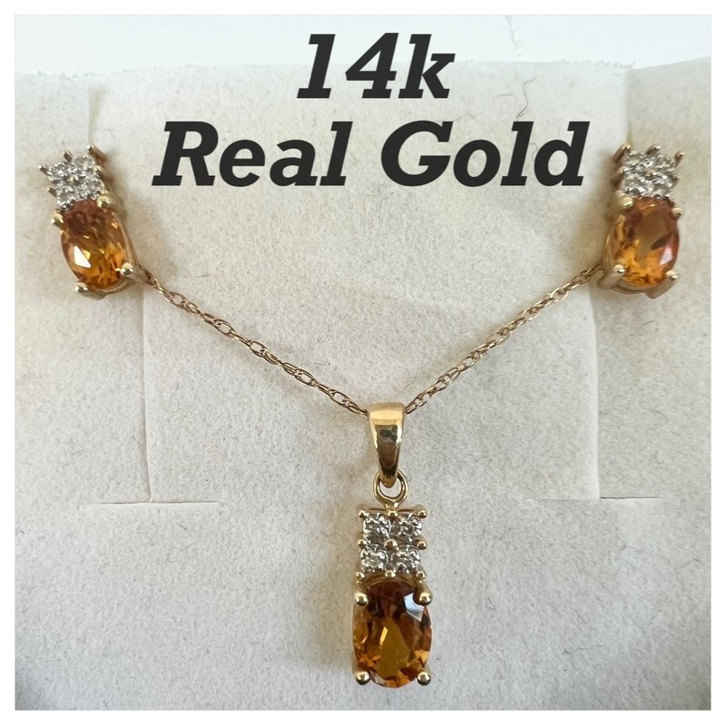 😍14K 💯% AUTHENTIC YELLOW GOLD CITRINE EARRINGS AND PENDENT NECKLACE SET😍
