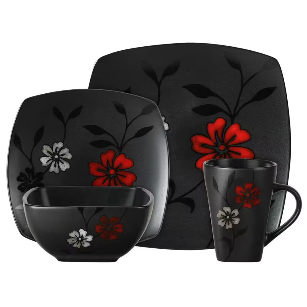Evening Blossom 16-Piece Casual Black Stoneware Dinnerware S