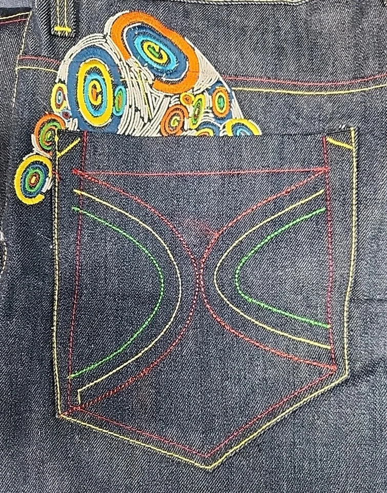 Refuse Denim Embroidered Rainbow Aura Hand Pocket Jeans Y2K NEW OS 40x32 CL10-13 - Image 4 of 4