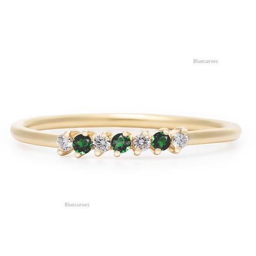 Alternate Zambian Emerald & Diamond Thin Band Ring In 14k Solid Yellow Gold - Picture 8 of 8