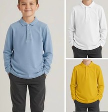 Boys NXT / MARKS White School Polo Shirt Long Sleeve Yellow Blue 100% Cotton NEW