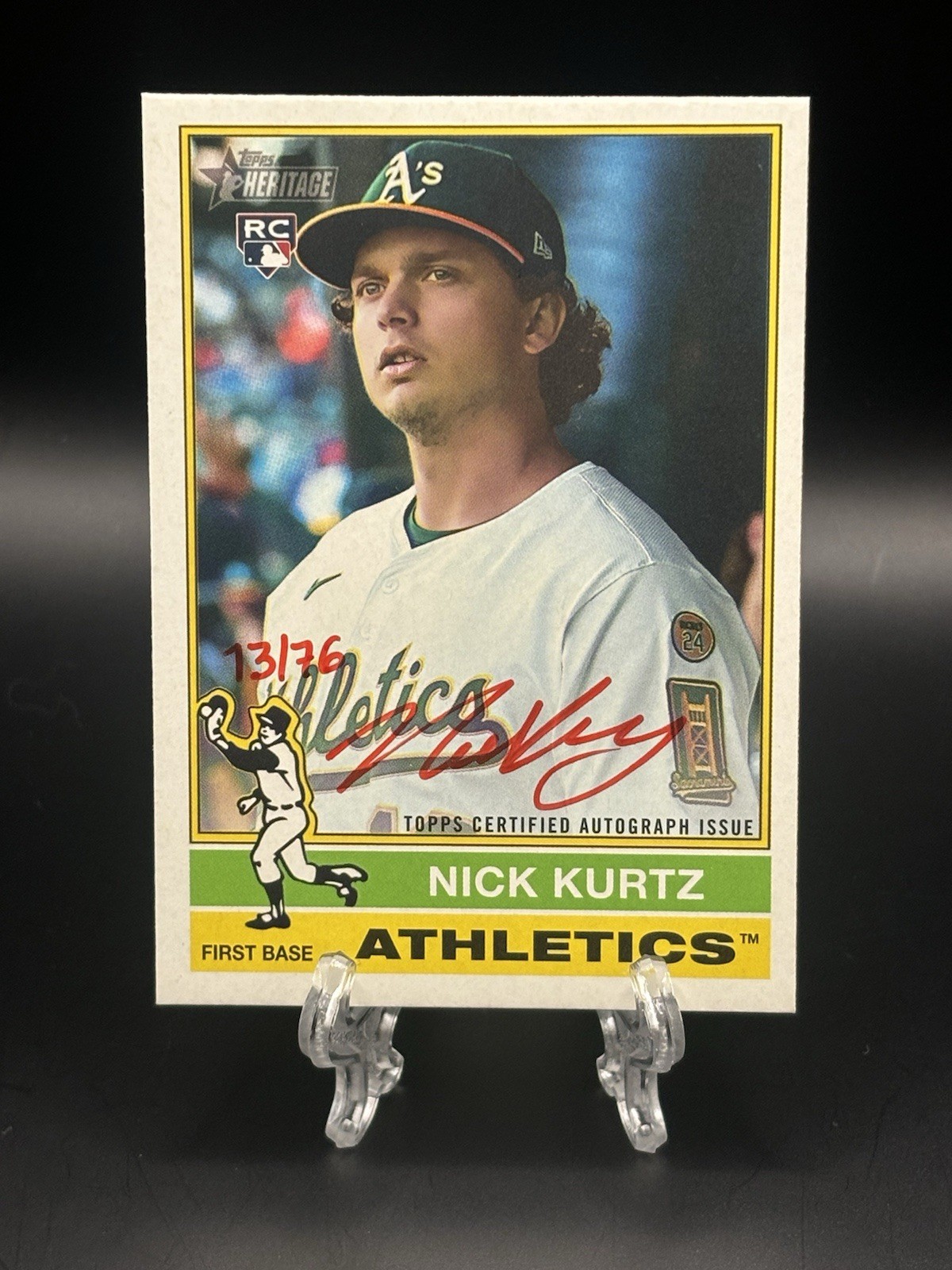 2025 Topps Heritage HN NICK KURTZ (RC) ROY Real One Auto Red INK 13/76 Athletics