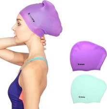 2 Pack Updated Silicone Swim Cap for Long Hair Women Girl Waterproof Bathing Poo