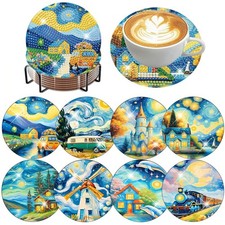 8 PCS Landscape Diamond Art Coasters Kits 3.8x3.8x0.5, Starry Sky