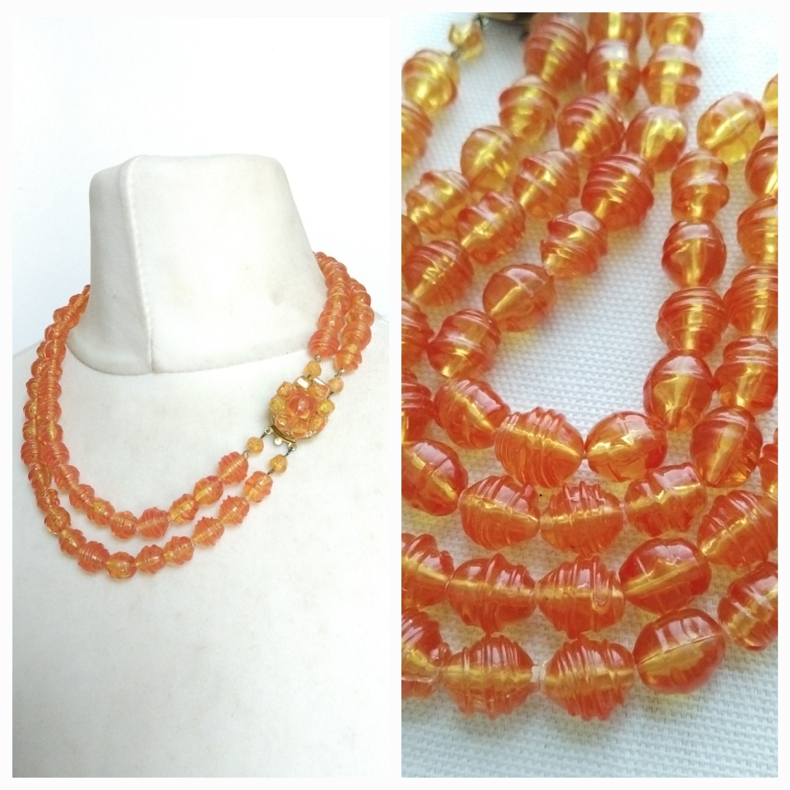 Collana Corta Doppia Fila Perline Arancione Miele Vintage Chiusura Fiore Dichiarazione