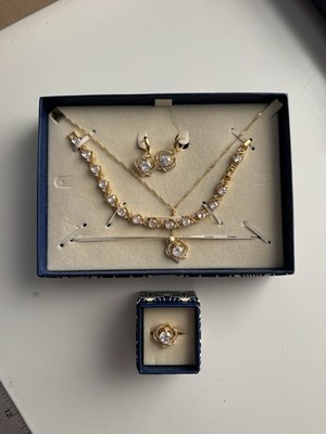 Stauer Two Hearts Necklace, Bracelet, Ring, Earrings Set Gold Tone