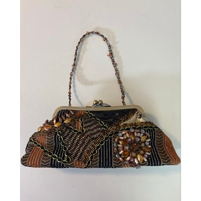 Boho Beaded Jeweled Frame Clutch Bag Brown Black Gold Chevron Kiss Lock Evening