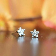 14K White Gold Plated 1 Ct Round Cut Lab Created Diamond Flower Stud Earrings