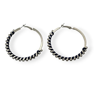 Hoop Earrings Y2K Rhinestones Blue Thread Wrap Boho Silver Tone Post Glam Artsy