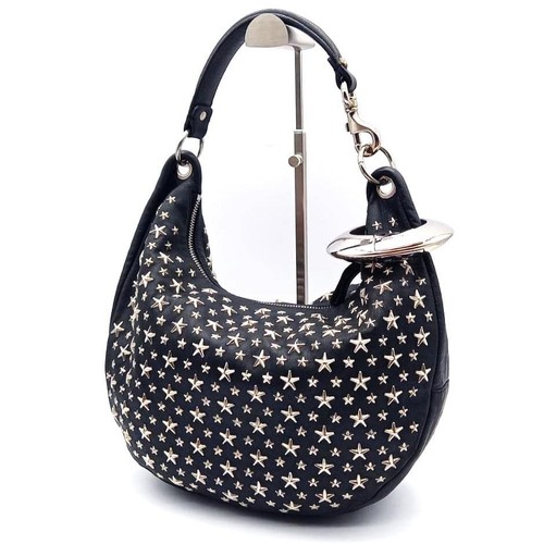 JIMMY CHOO Sky Star Studs One-Shoulder Bag Black Leather Crescent Shape