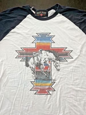 Crazy Train Western Wear Horse & Cross 3/4 Sleeve Shirt, White/Black, Size: XL