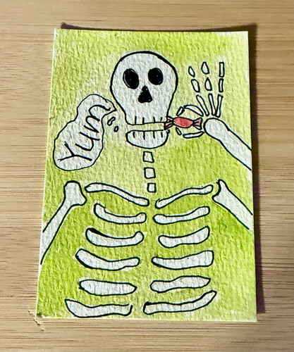 ACEO Original Watercolor & Ink “Red Candy” Skeleton Signed Kim Terwilliger