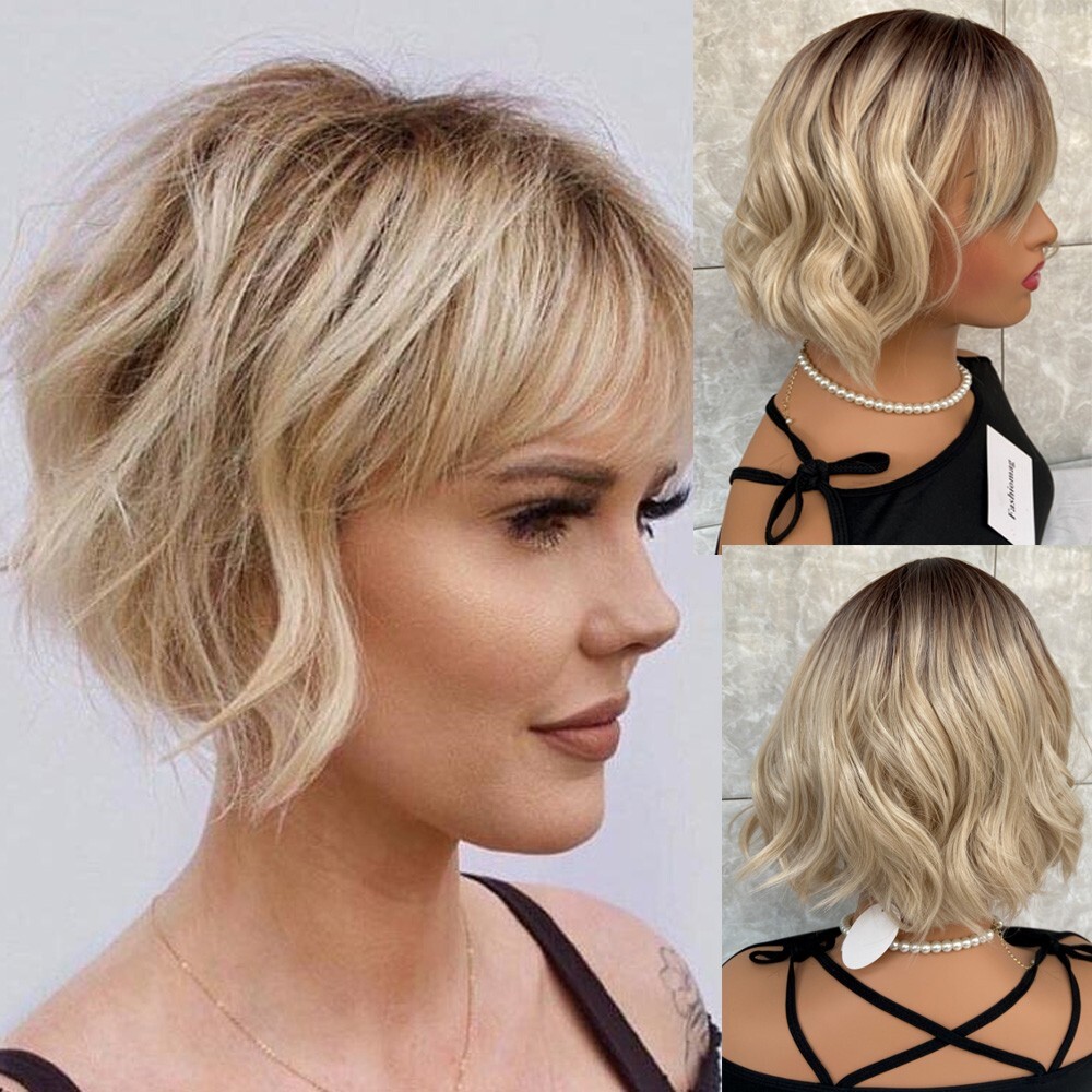 Choppy Bobs Wavy Hairstyle Blonde Mix Dark Top Synthetic Hair Wigs