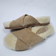 MARC FISHER Canna Cozy Slide Brown Slipers Suede Genuine Shearling Women Sz 7M