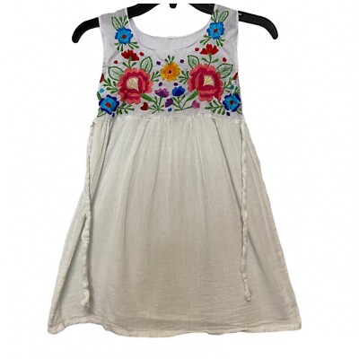 VINTAGE White Girls Gypsy Dress Cotton Multicolored embroidered flower 7/8  | eBay