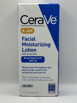 CeraVe AM Facial Moisturizing Lotion with Sunscreen SPF 30 Oil-Free 2 Oz Box Dam