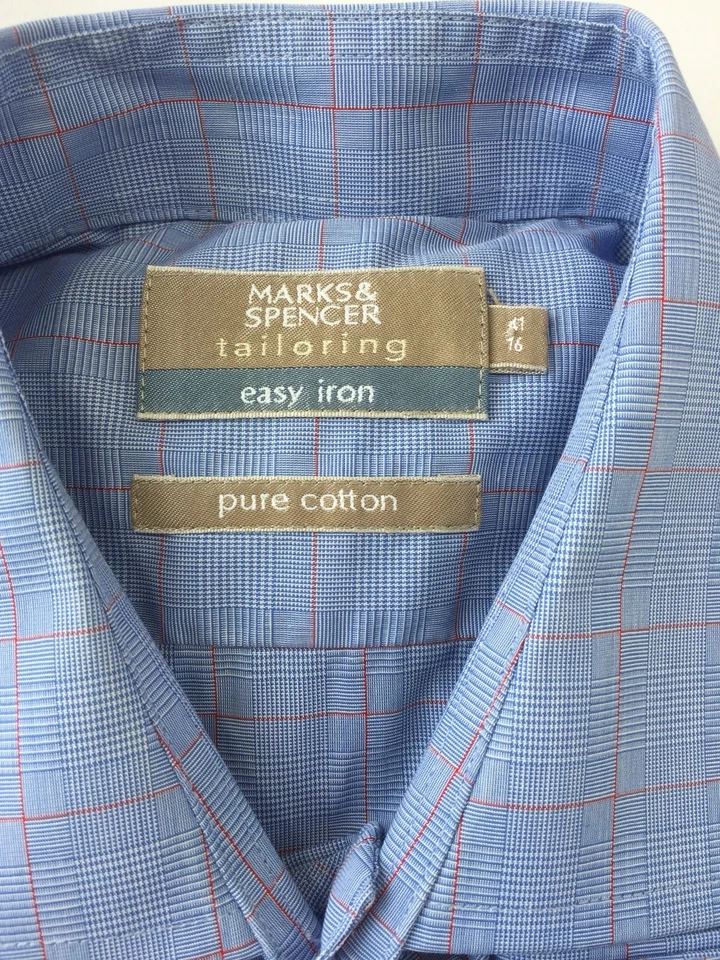 Camisa de vestir Marks & Spencer para hombre manga larga azul rojo a cuadros 16 algodón Foto 3 de 4