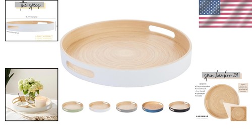 Modern White Bamboo Decorative Tray - 13.75 Inch, Handmade for Any Occasion - Picture 2 of 8