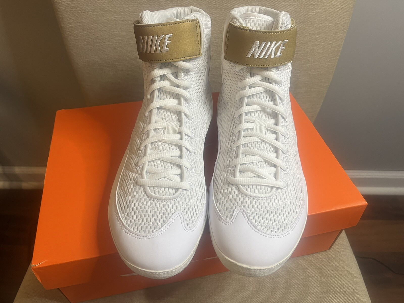 nike inflict 3 wrestling shoes size 10 new in box white and gold. eBay
