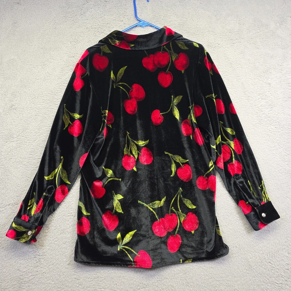 Quacker Factory Jacket Womens M Black Velvet Plush Cherry Embellished Blazer - Image 4 of 4