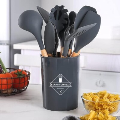 12-Pcs Kitchen Silicone Utensils Set with Heat Resist Wooden Handle Black