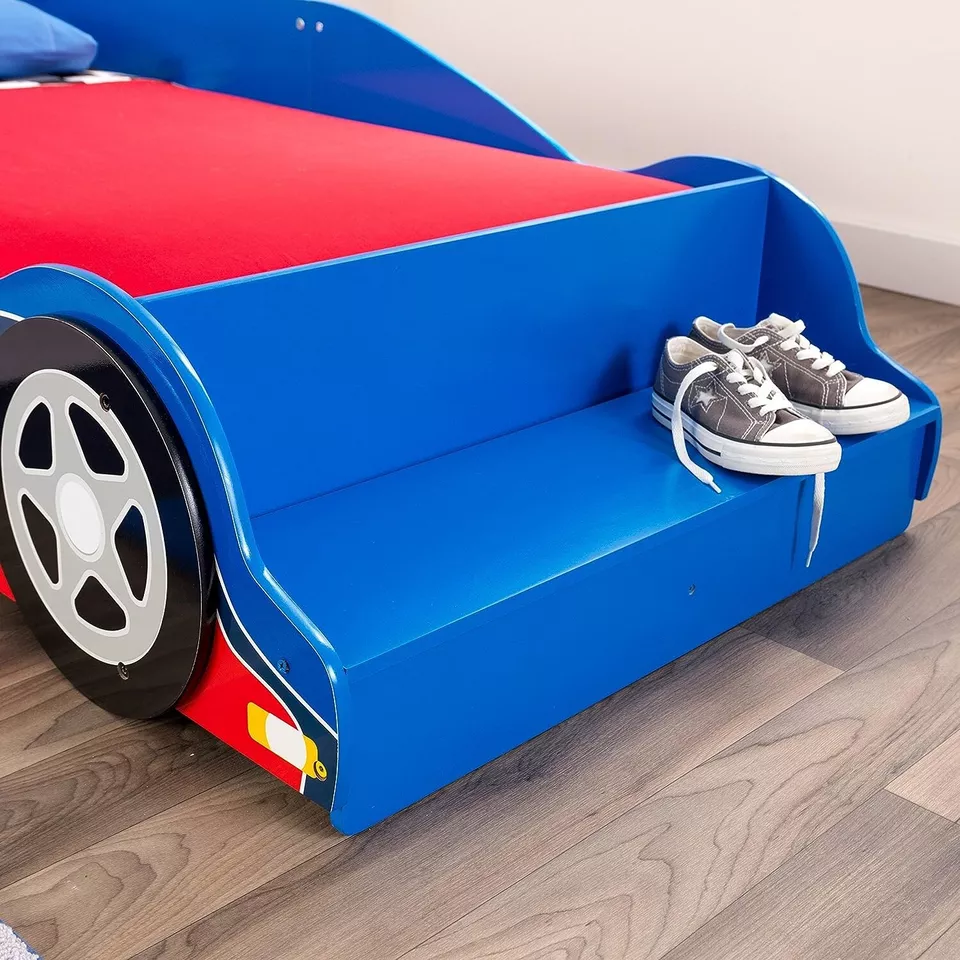 Wooden Kids Bed Racecar Toddler Bed Built-in Bench & Bed Rails Red & Blue NEW - Image 3 of 4