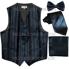 New Men's Tuxedo Vest Stripes Necktie, Bowtie  Hankie set formal prom Navy Blue