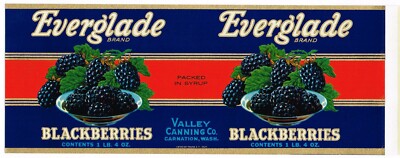 ORIGINAL 1950S TIN CAN LABEL VINTAGE CARNATION WASHINGTON EVERGLADE BLACKBERRY