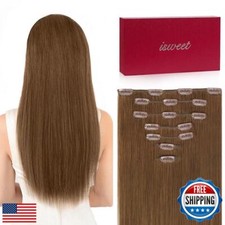 Straight Clip in Hair Extensions Real Human Hair, 7Pcs 18 Inch 105g 8 Chestn