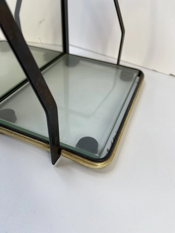 VTG 80s Post Modern Industrial Black Metal Brass Vanity Dresser Makeup Mirror - Image 2 of 4