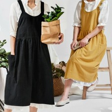 Women Cotton Linen Bib Apron Baggy Pocket Solid Loose Pinafore Dress Home Cafe