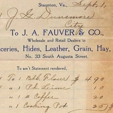 1907 Scarce J.A. Fauver Hides Leather Grain Hay Billhead Letterhead Staunton, VA