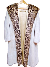 Vtg Evans Womens Borg Deluxe Faux Fur Champagne Coat With Leopard Hood Size Xl