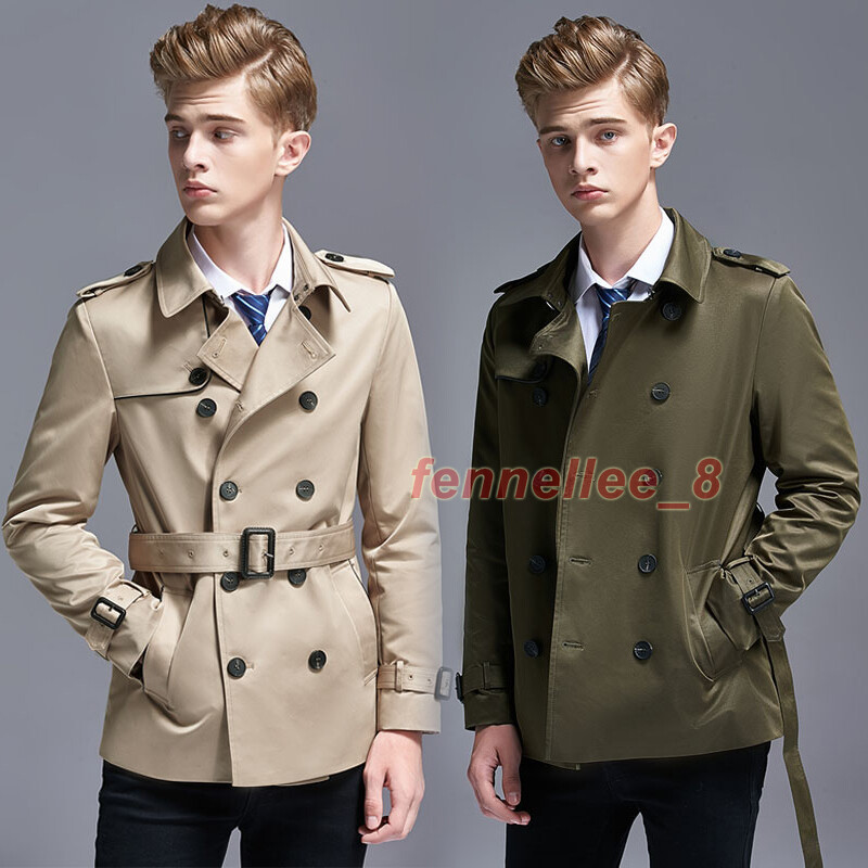 British Men's Double Breasted Trench Coat Belted Short British Men's Double Breasted Trench Coat Belted Short