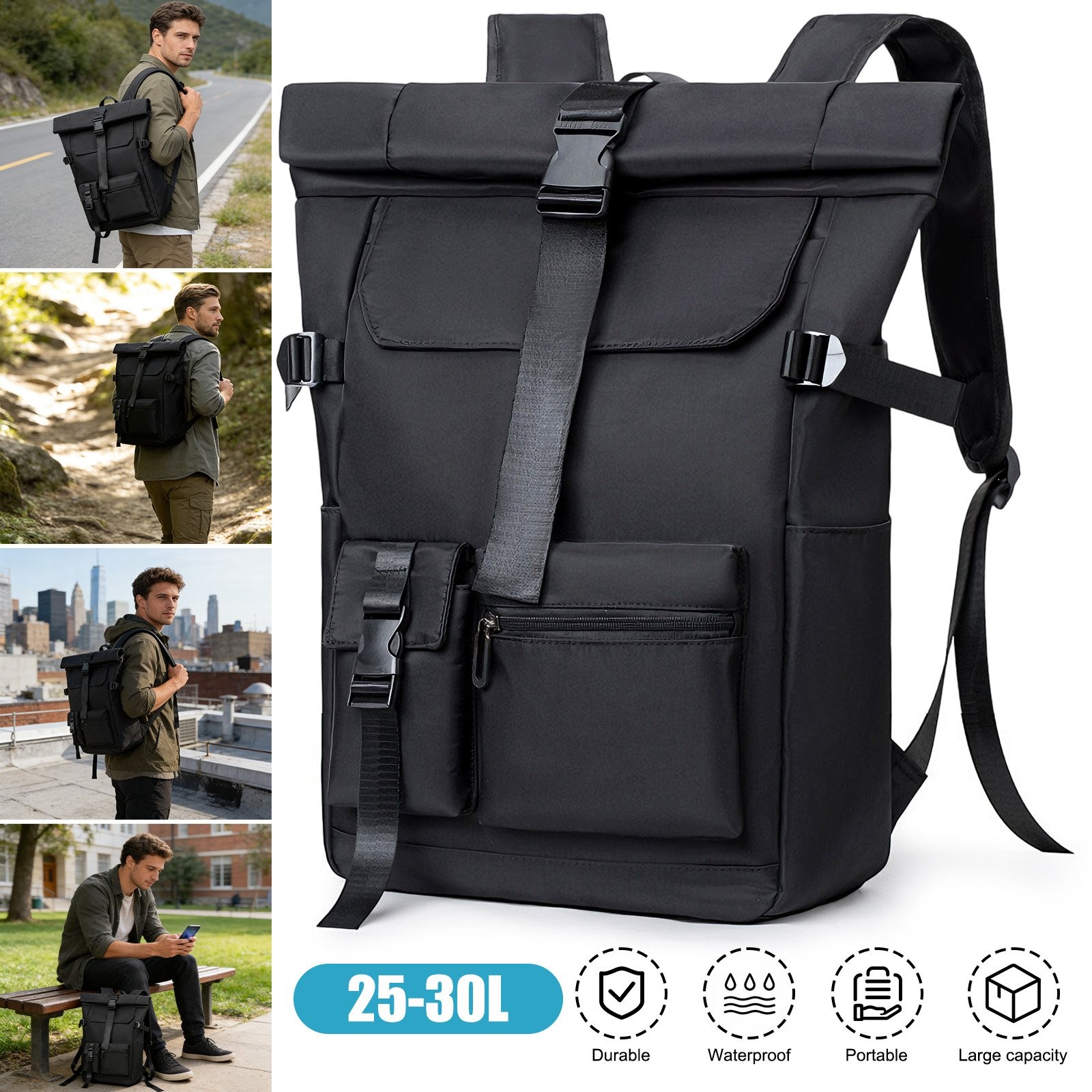 Outdoor RollTop Rucksack Wasserdicht 25-30L Fahrradtasche Wandern Motorrad Sport