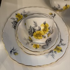 Vintage Royal Vale Bone China Tea Set 6 Piece Yellow Flower Grey Leaves 7499