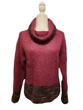 Hand Knit Sweater Boho Hygge Cozy Rustic Cowl Neck Color Block Rose Pink Women M