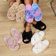 LADIES WOMENS FAUX FUR FLUFFY SLIDERS SLIP ON FLAT WARM SLIPPERS SANDALS SIZE UK