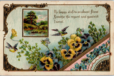 Vintage Victorian Postcard 1910 Goodwill I Send - Pansies & Finches