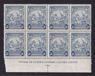 BARBADOS 1938 47 Colony Badge 3d Blue De La Rue block of 8 SG 252c MNH/