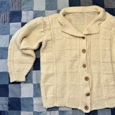 Vintage Handmade Ivory Cable Knit Acrylic Fisherman Cardigan Sweater Size M L