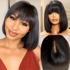 Straight Bob Human Hair Wig With Bangs For Women 2x1 Lace Glueless Short Bob Wig