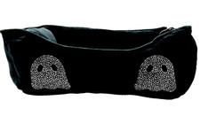 Tricks For Treats Pet Bed Black Velour Silver Ghosts Halloween Gothic 20x16x7