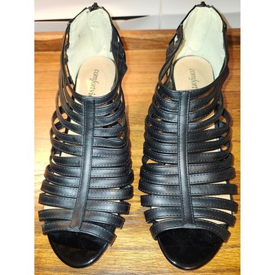 Comfortview Womens Black Caged Gladiator Sandals Kitten Heel Rear Zip Shoes